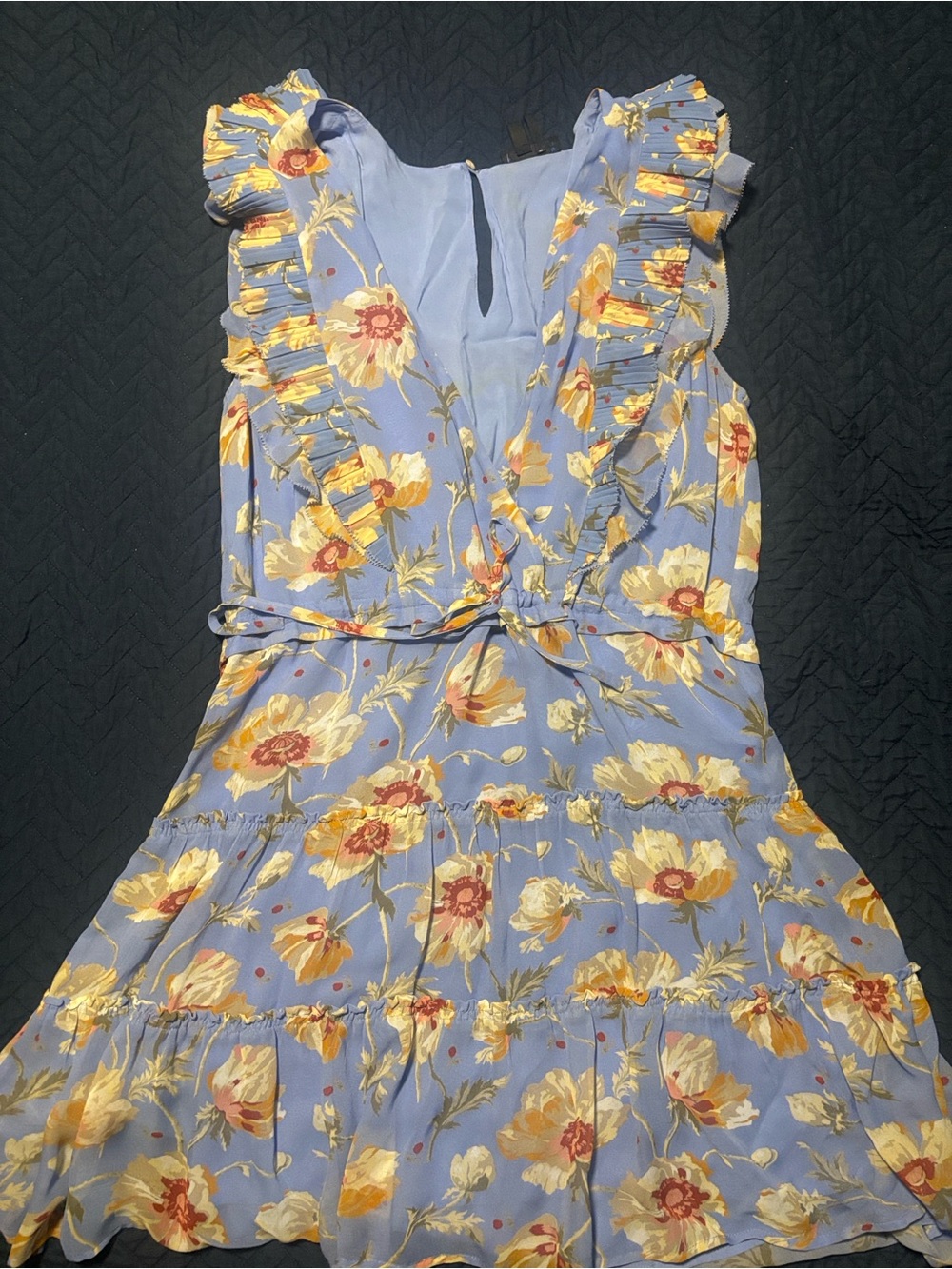 PAIGE Periwinkle Floral Ruffle Mini Dress with Yellow Accents